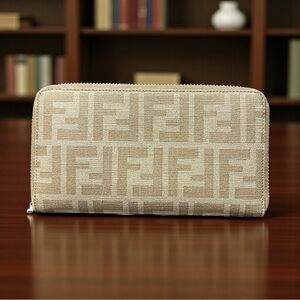 Fendi Vintage Zucchino Beige FF Canvas Zip Around Continental Wallet with COA
